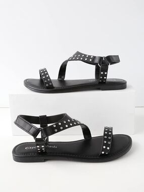 Cityclassified Black Studded Strap Flat Sandals